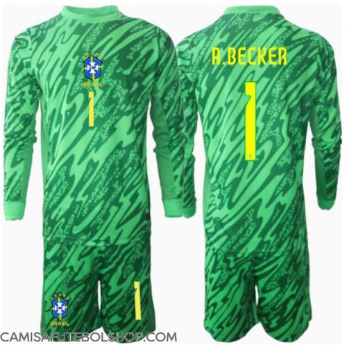 Camisa de time de futebol Brasil Alisson Becker #1 Goleiro Replicas 1º Equipamento Infantil Copa America 2024 Manga Comprida (+ Calças curtas)
